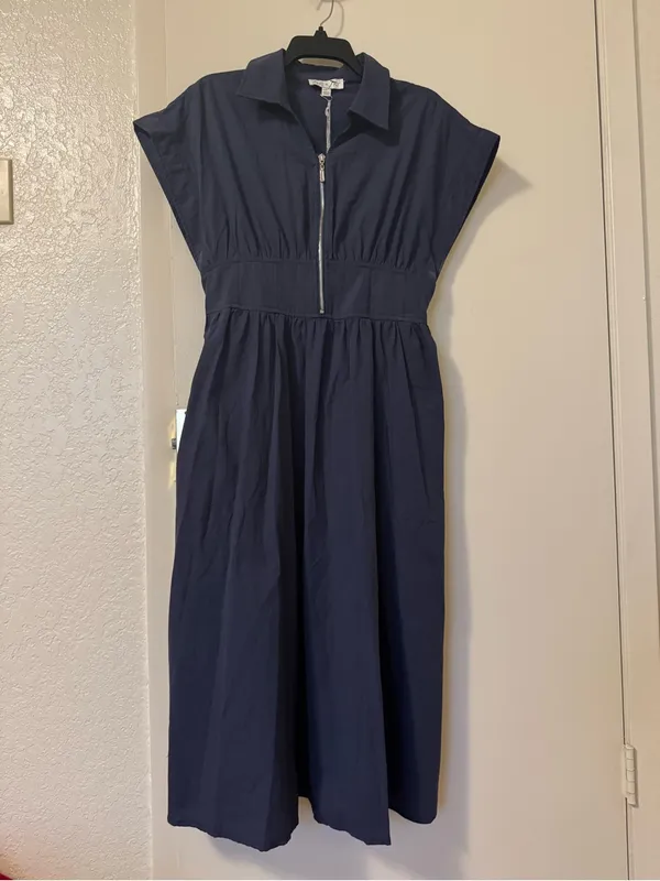 She + Sky Navy Blue Zip Front Drop Shoulder Midi Dress NWT Size L - Image 2