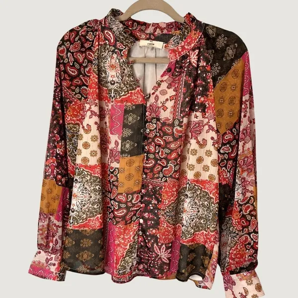 Entro Womens Medium Patchwork Paisley Ruffle Neck Long Sleeve Blouse Multicolor - Image 2