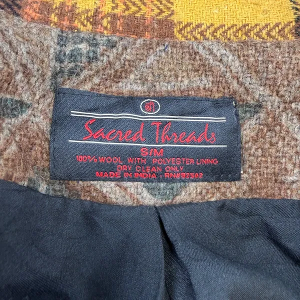 Sacred Threads Women Patchwork Wool Jacket Multi Color Plaid Boho S/M - Image 6