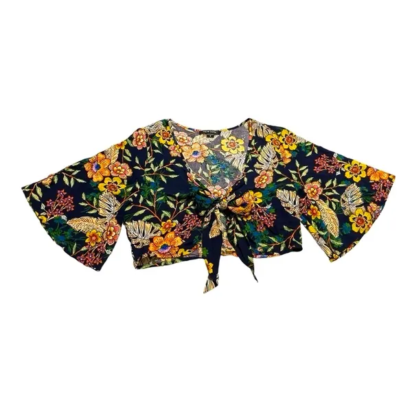 New Look Floral Tie-Front Crop Top Boho Kimono Sleeve Navy Multicolor Size M - Image 7