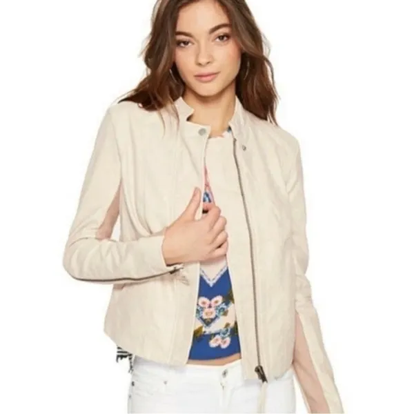 Free People Cool and Clean Faux Leather Moto Jacket 0 Pink Sand Biker Boho Chic - Image 3