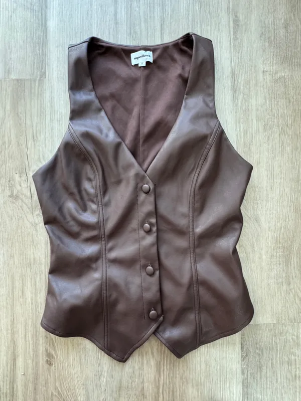 Superdown Karina Brown Faux Leather Button Vest Sz S - Image 4