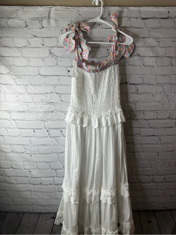 Horror Vacui White Maxi Sundress with Floral Tie Straps small - Image 4