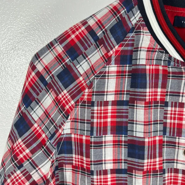 Tommy Hilfiger Patchwork Plaid Varsity Jacket Red White Blue‎ Cotton Blend Large - Image 6