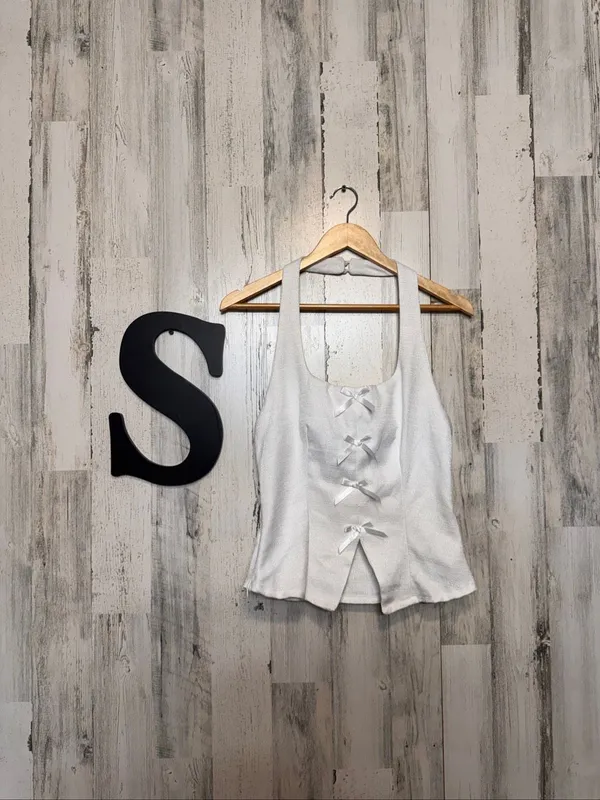 SHEIN White Tweed Halter Top Womens S 4 Coquette Satin Bow Open Drape Back - Image 2