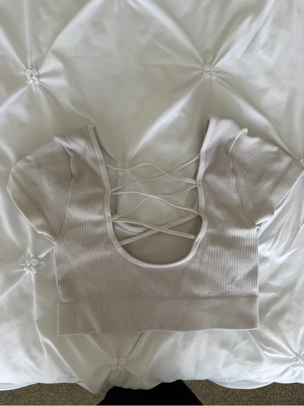 aerie Ribbed Crisscross Back Crop Top - Cream - Image 2