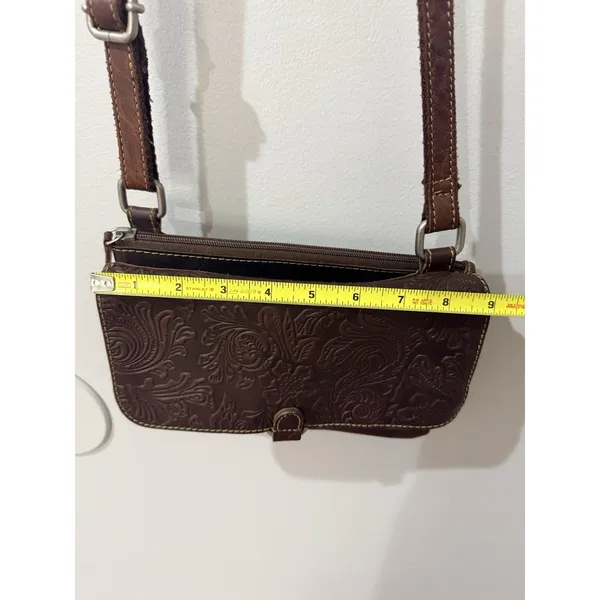 Jack Georges Voyager Crossbody Bag Brown Genuine Leather Floral Carving‎ Boho U - Image 12
