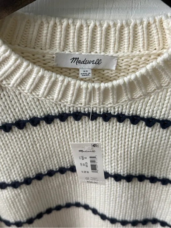 Madewell Textured Cotton Crewneck Sweater in Bright Ivory Navy Stripe - Image 4