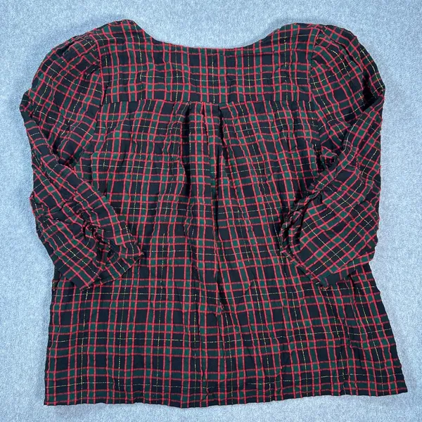 LOFT Shimmer Holiday Plaid Shirred V-Neck Blouse Women's Large 3/4 Sleeve - Image 6