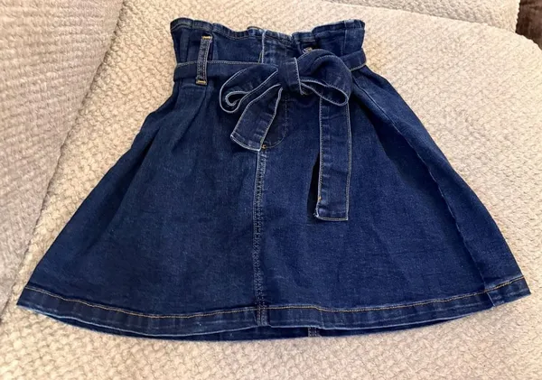Altar'd State Blue Denim Paperbag Waist Tie Bow Mini Skirt - Image 4
