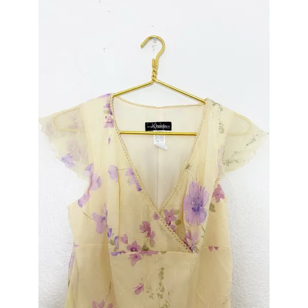 Vintage 90s City Triangles Butter Yellow Floral Midi Dress Fairy Coquette Y2K - Image 4