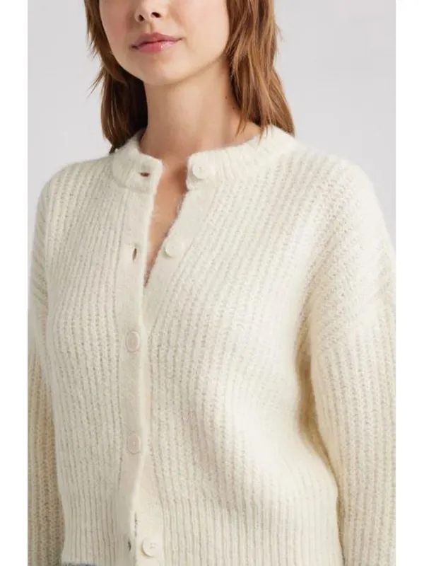 Nordstrom Open Edit Fuzzy Crewneck Cardigan in Ivory Size Small - Image 7