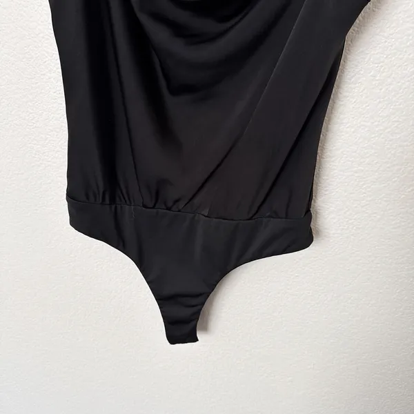 [ASTR] Black Satin Asymmetrical Sleeveless Draped Cowl Neck Bodysuit Sz Medium M - Image 7
