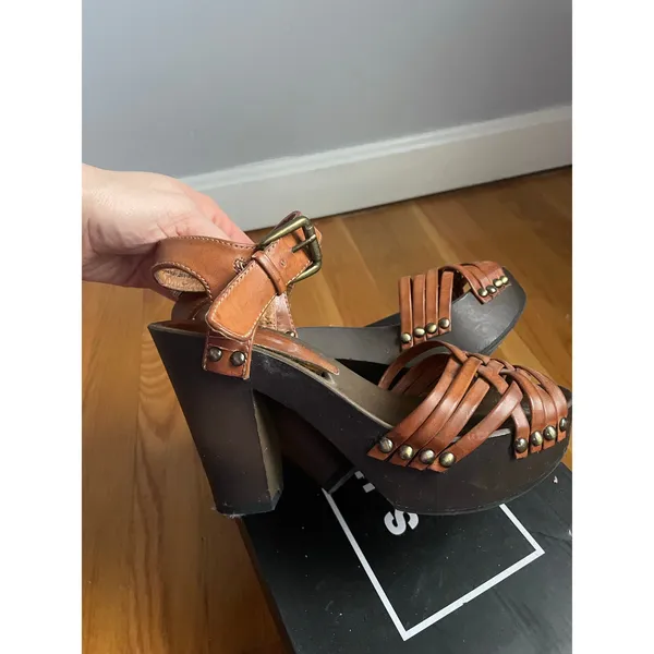 H&M Chunky Brown Leather Heeled Snadals Block heel Boho Indie size 5 Festival - Image 9