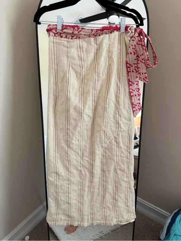 Free People Cream Maxi Skirt with Pink Waist Tie - Image 9