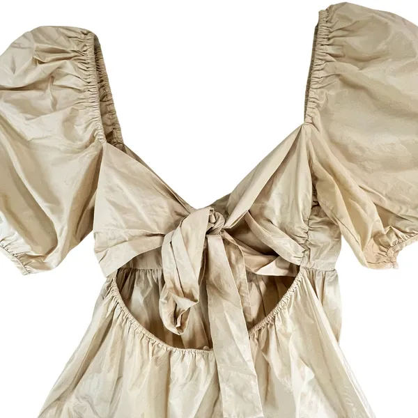 Aritzia Wilfred Opera Babydoll Dress Womens M Tan Cream Taffeta‎ Puff Sleeve - Image 7