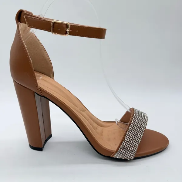 Womens Cognac Brown Rhinestone Ankle Strap Block Heel Sandals Size 9 Dressy - Image 6