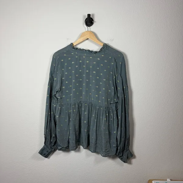 By Anthropologie Women’s Ruffled Peasant Blouse in Blue/Gold Metallic M - Image 14