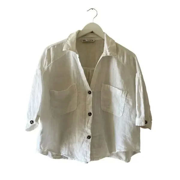 ZARA White Linen Blend Crop Button Up Shirt Boxy Minimalist Bohemian SZ L #1675 - Image 2