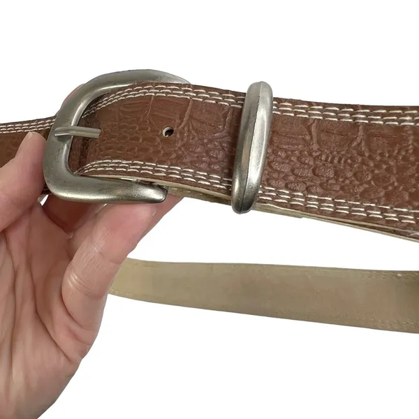 Brown Croc Embossed Faux Leather Silver Buckle Belt - Image 3