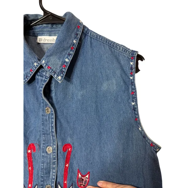 Vintage Dressbarn Womens‎ Large Denim Vest Patriotic Cat Embroidered Star Blue L - Image 2