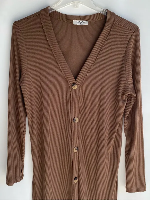Zenana brown ribbed knit v-neck duster cardigan sweater fall transition M - Image 2