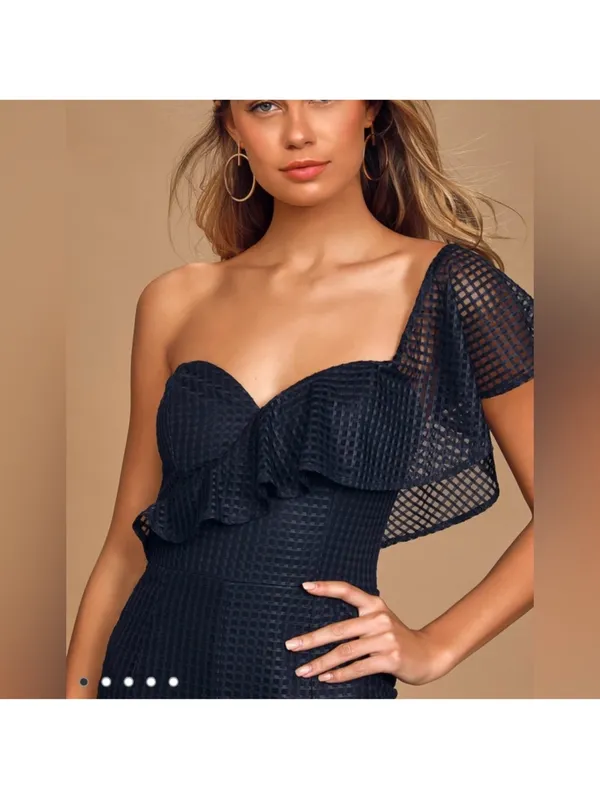 Lulu's Navy One-Shoulder Ruffle Wide-Leg Jumpsuit with Mesh Sleeve - Image 2
