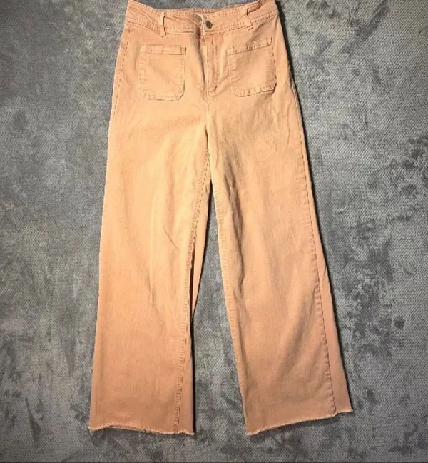 OAT New York High-Rise Wide-Leg Patch Pocket Jeans Raw Hem 8/29 Stretchy #1600 - Image 2