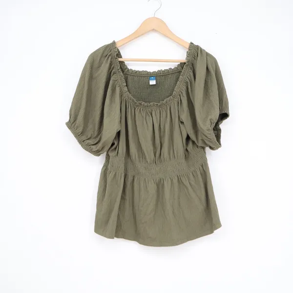 Old Navy Womens XL Olive Green Smocked Puff Sleeve Peplum Square Neck Blouse Top - Image 2