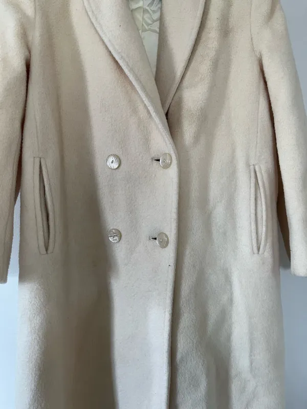 Vintage Cream Long Wool Pea Coat Womens 12 Double Breasted Quiet Luxury Capsule - Image 3