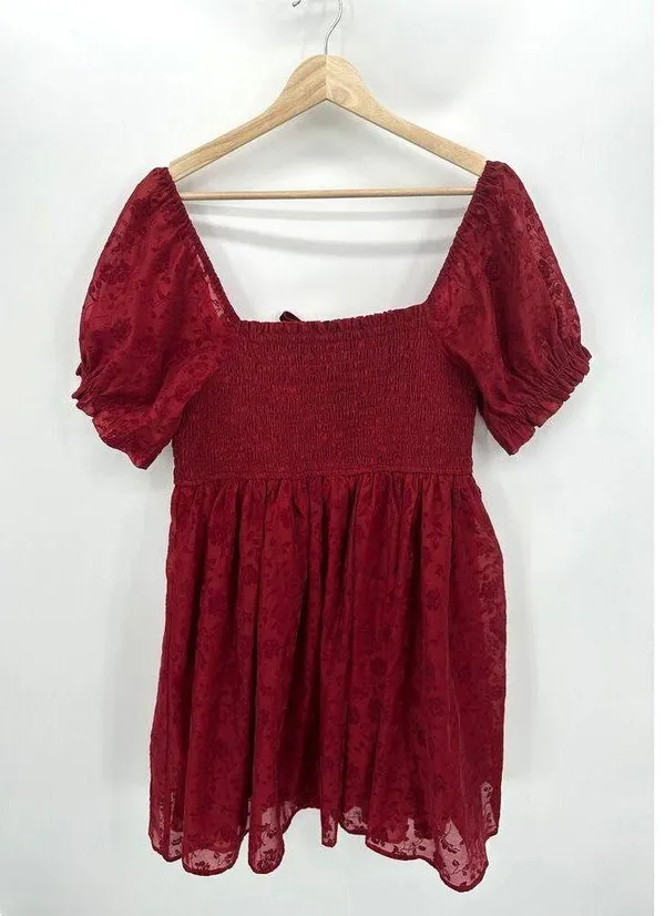 Altar'd State Mini Dress Sz XL Red Floral Velvet Burnout Smocked Sexy Feminine - Image 2