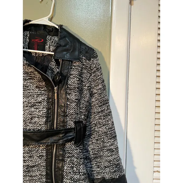 Yoki Outerwear Collection Womens Size Large Coat Jacket Black Gray Tweed Leather - Image 5