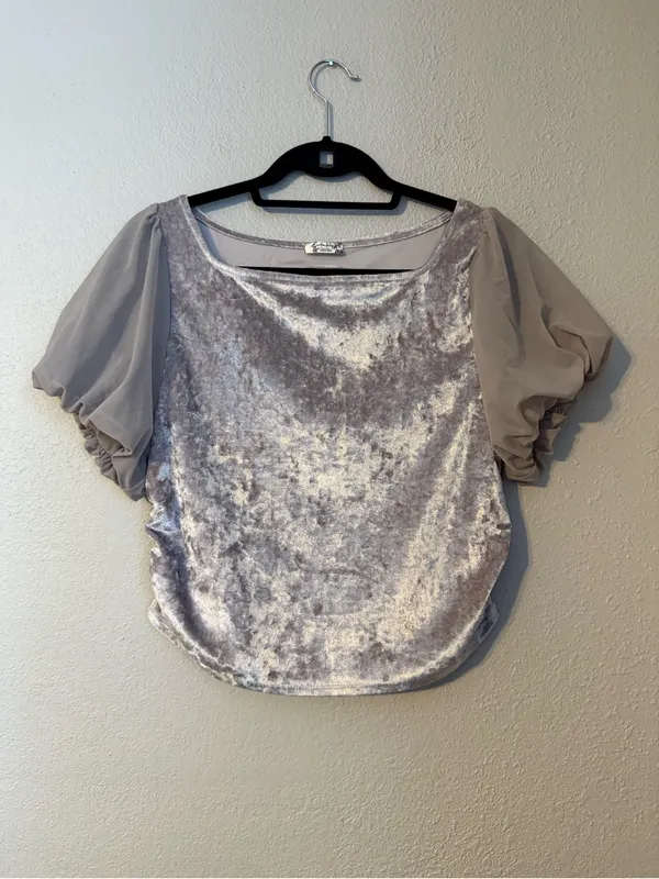 Free People Crushed Velvet Puff Sleeve Crop Top - Light Taupe - Image 4
