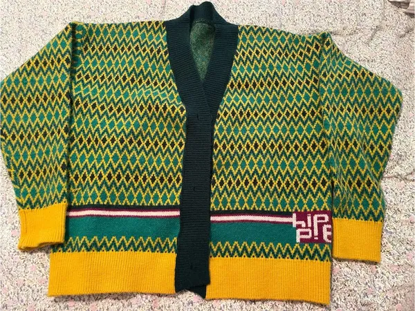 Oversized Diamond Patterned Cardigan Sweater Green Size undefined - Image 2