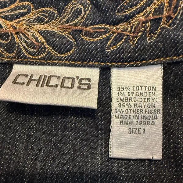 Chico’s Embroidered Sequin Open Front Jean Jacket Size 1 Chico (Med 8) Floral - Image 7