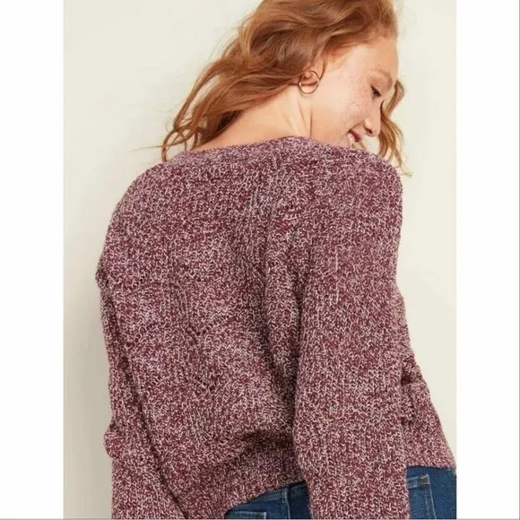 Old Navy‎ Marled Pointelle Knit V Neck Crop Cardigan Sweater Burgundy Red Small - Image 5