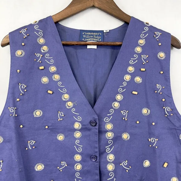 Vtg Willow Ridge Vest Women Medium Purple Embroidered Beaded Cotton Boho‎ Indie - Image 2