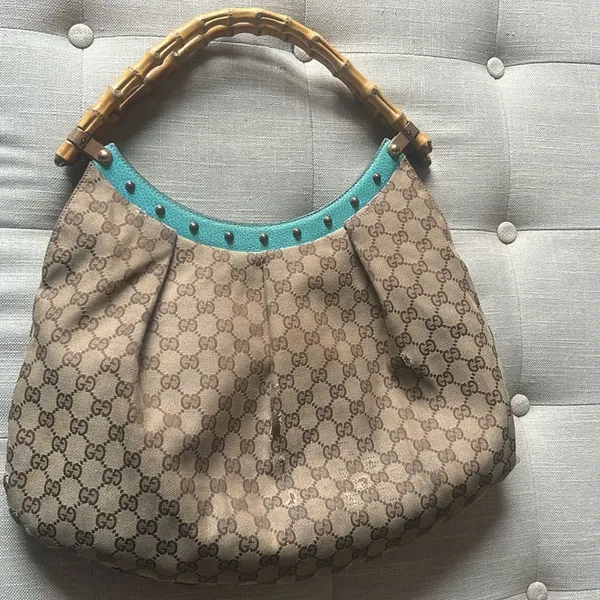 Gucci Bamboo Top Handle Handbag Canvas/ Teal Leather - Image 9
