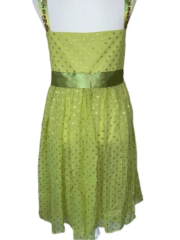 VTG Y2K Green & Gold Custom Handmade Rhinestone Dress Size Small - Image 4