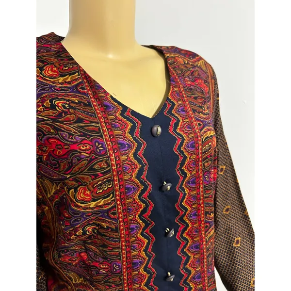Vintage First Focus NWT Paisley Geometric Maxi Dress Brown Red Size 13/14 Retro - Image 2