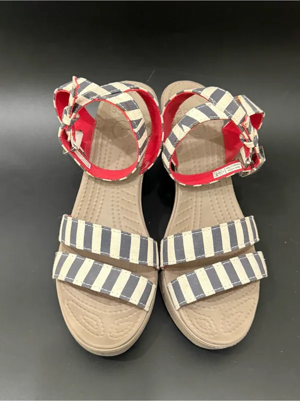 CROCS Leigh Nautical Striped Ankle Strap Wedge Sandals Size 8 - Image 3