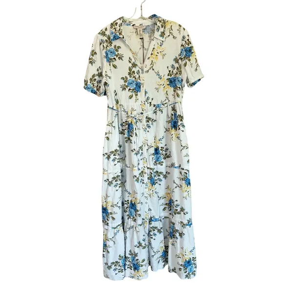 Laura Ashley Linen Blend Floral Midi Dress White Blue Yellow Button Front Size S - Image 2