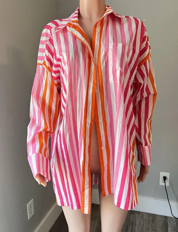 Beach Riot Womens Sz L/XL Top Pink Orange Stripe Swim Cover Up Button Up #148 - Image 2