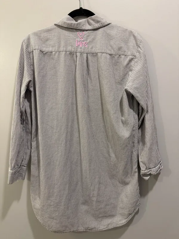 Victoria’s Secret Striped Embroidered Detail Long Sleeve Oversized Pajama Top and Shorts Set Grey and Purple - Image 3