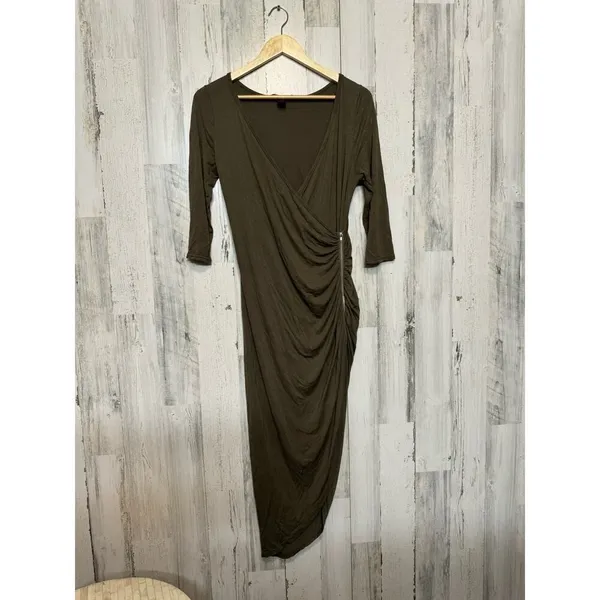Hot Kiss Olive Green Draped Maxi Dress Ruched Side Long Sleeve Size XL - Image 2