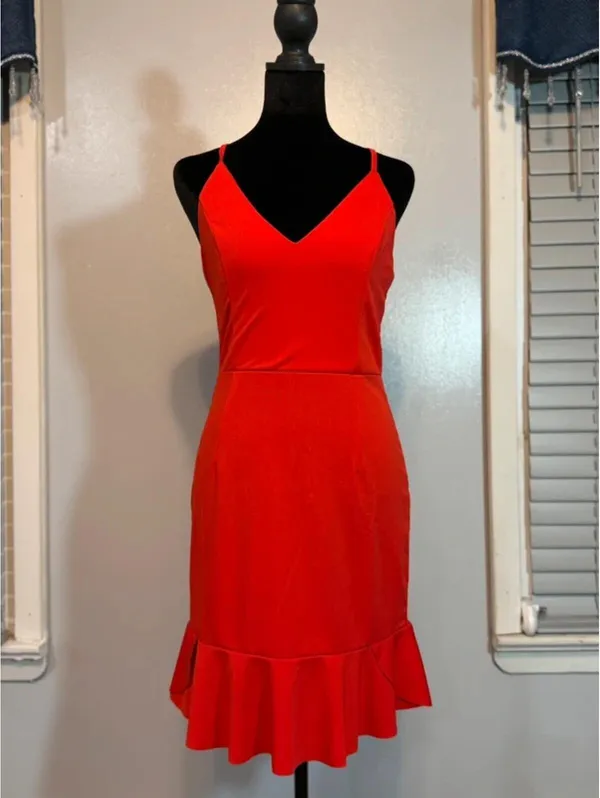 Red Lace Up Back Bodycon Ruffle Hem Spaghetti Strap Mini Cocktail Date Night - Image 3