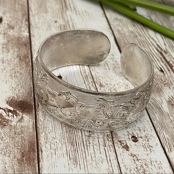 Unsigned Silver-tone Ornate Lotus Flower Peacock 1.25” Open Cuff Bangle Bracelet - Image 2