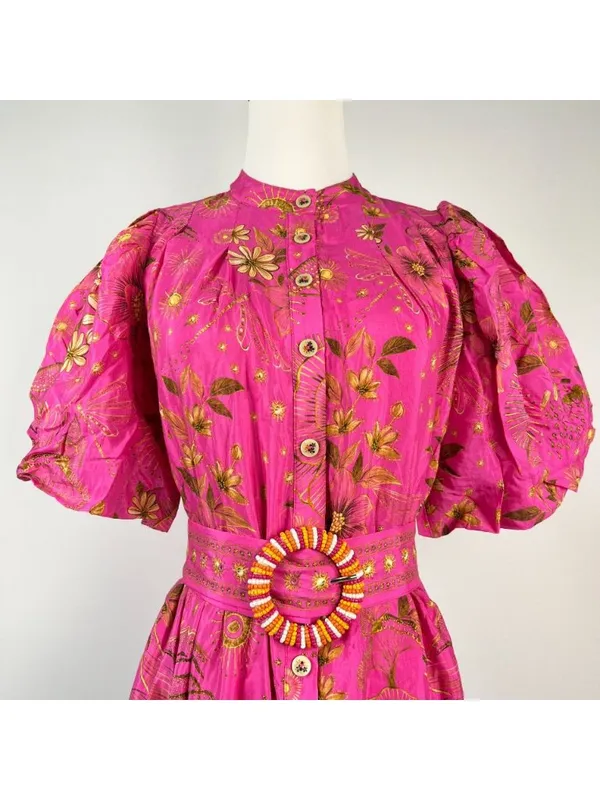 NWT Farm Rio x Anthropologie Beaded Belt Puff Sleeve Pink Mini Dress Sz SP - Image 5