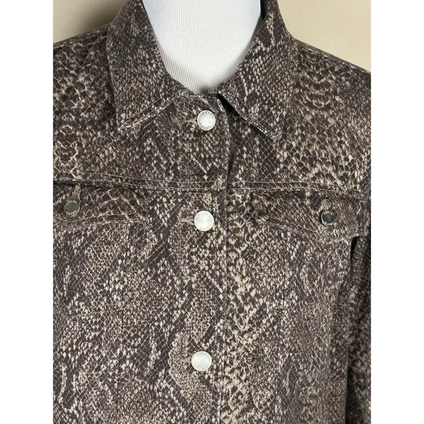 CHAPS Women 1X Snake Print Denim Jacket Brown Tan Reptile Stretch Jean Coat Plus - Image 3