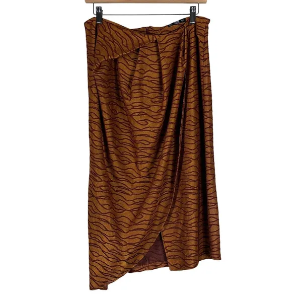 Zara Faux Wrap Wavy Abstract Textured Jacquard Midi Skirt Brown Fall Earthy Sz L - Image 4